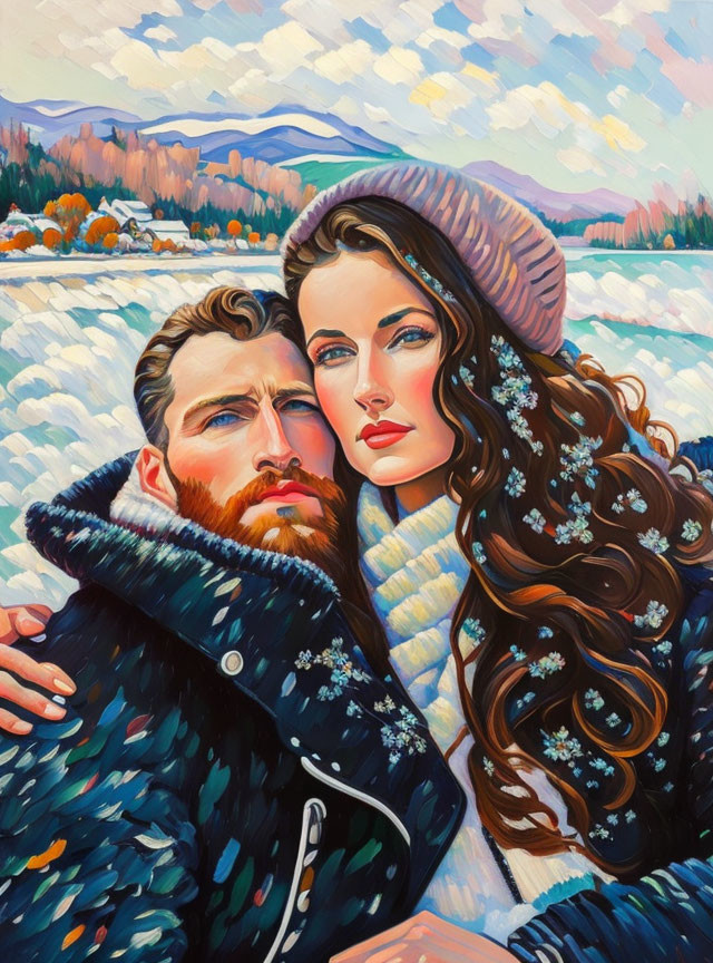 Stylized painting of bearded man and woman in winter attire against snowy landscape