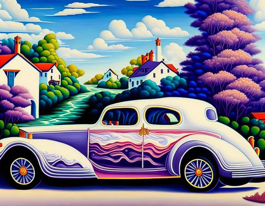 Colorful Artwork: Classic Car in Purple and White Amid Whimsical Landscape