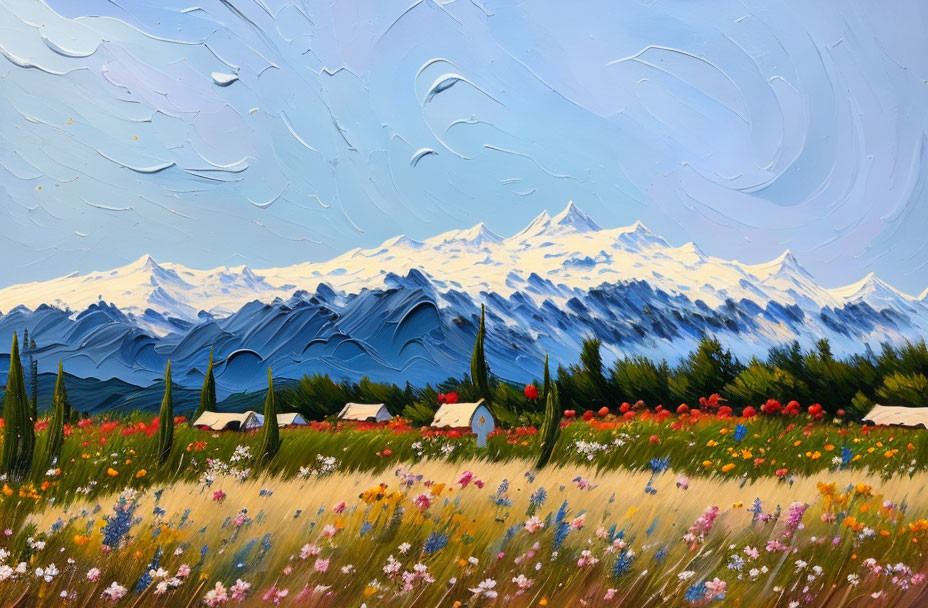 Vibrant landscape oil painting with snowy mountain, blue hills, house, and flowers