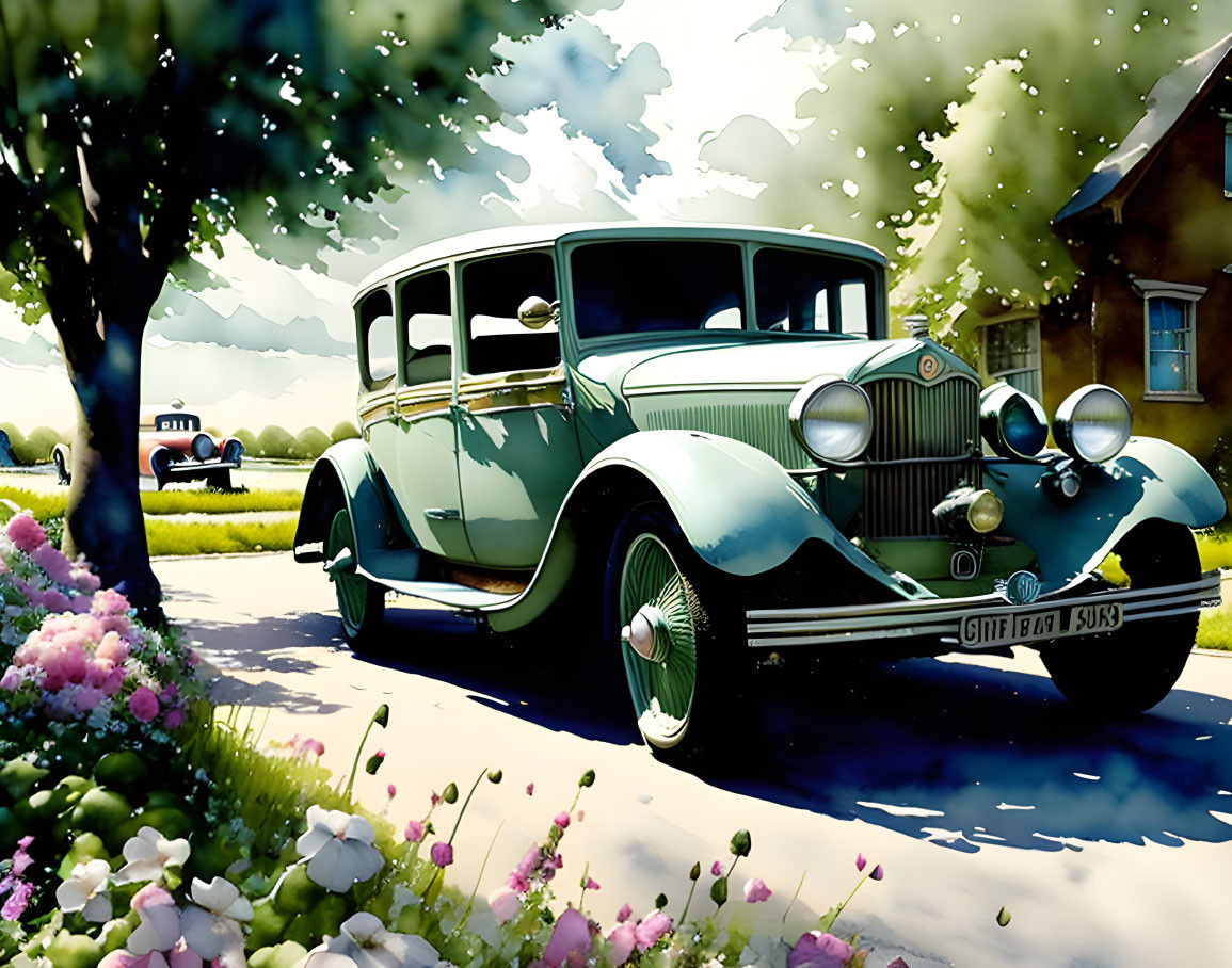 Vintage green car parked on sunny road with lush trees and flowers