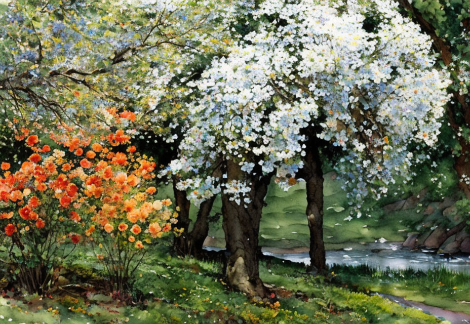 Serene landscape watercolor painting with blossoming trees and stream