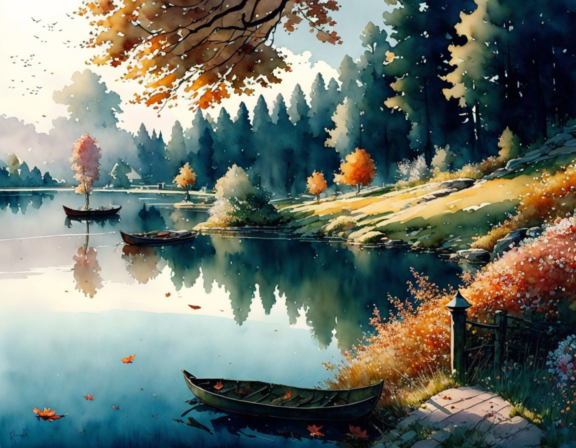 Tranquil autumn lake with colorful foliage and boats