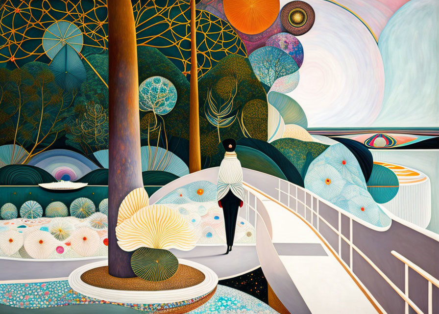 Colorful Landscape Painting with Solitary Figure and Geometric Trees