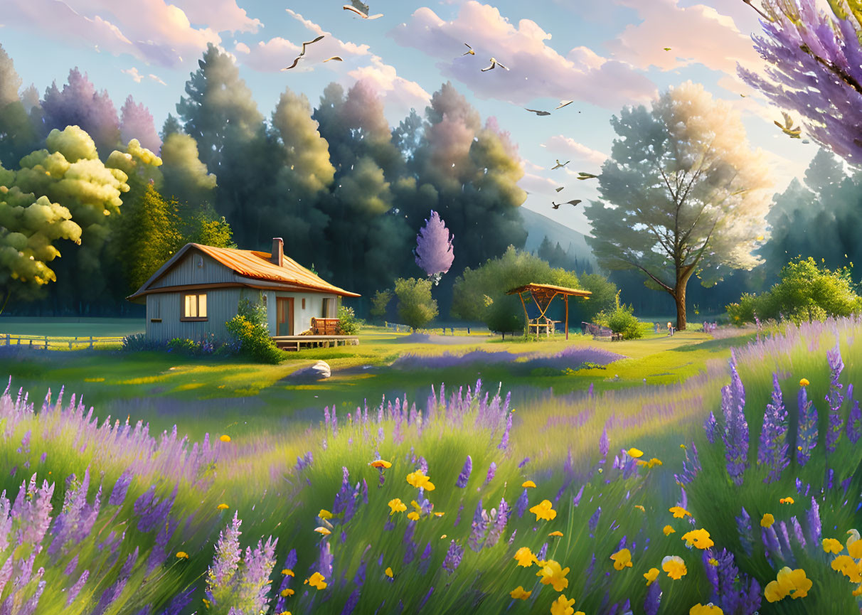 Tranquil landscape with lavender fields, cottage, gazebo, trees, and birds at sunrise or