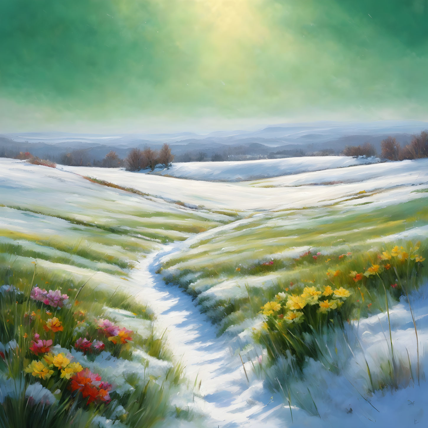 Scenic winter landscape painting with sunlit path and melting snow.