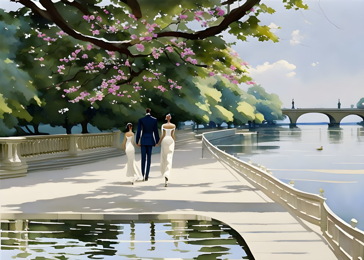 Serene riverside promenade with blossoming trees and distant bridge