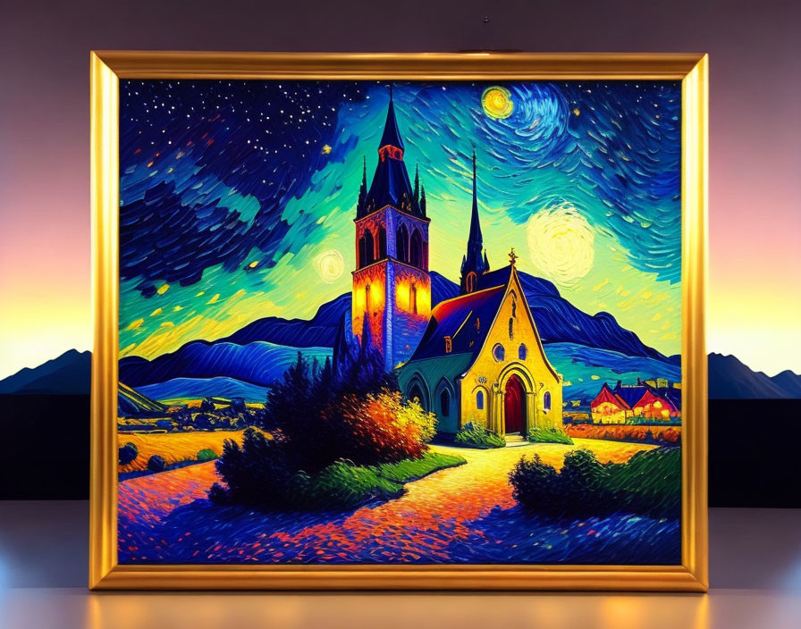 Night Sky Painting with Moon, Stars, Church, and Houses in Golden Frame