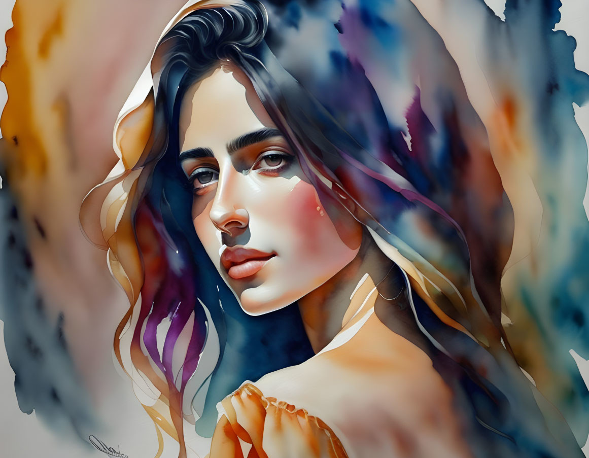 Vibrant portrait of a woman with flowing hair and abstract watercolor details