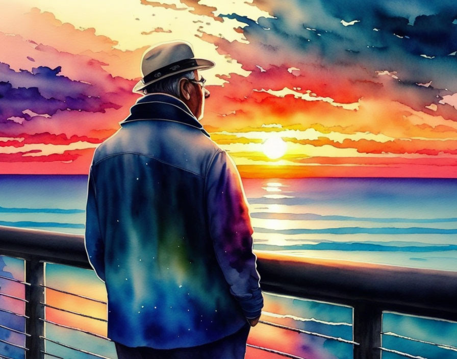 Elderly man in hat and jacket watching sunset over calm sea