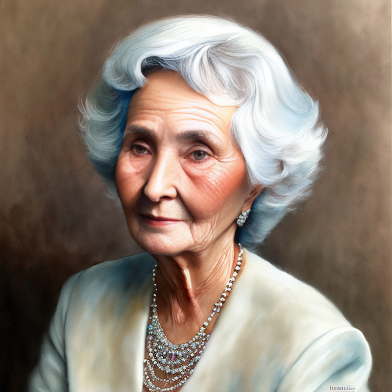 Elderly Woman with White Hair, Pearl Necklace, Blue Blouse on Brown Background