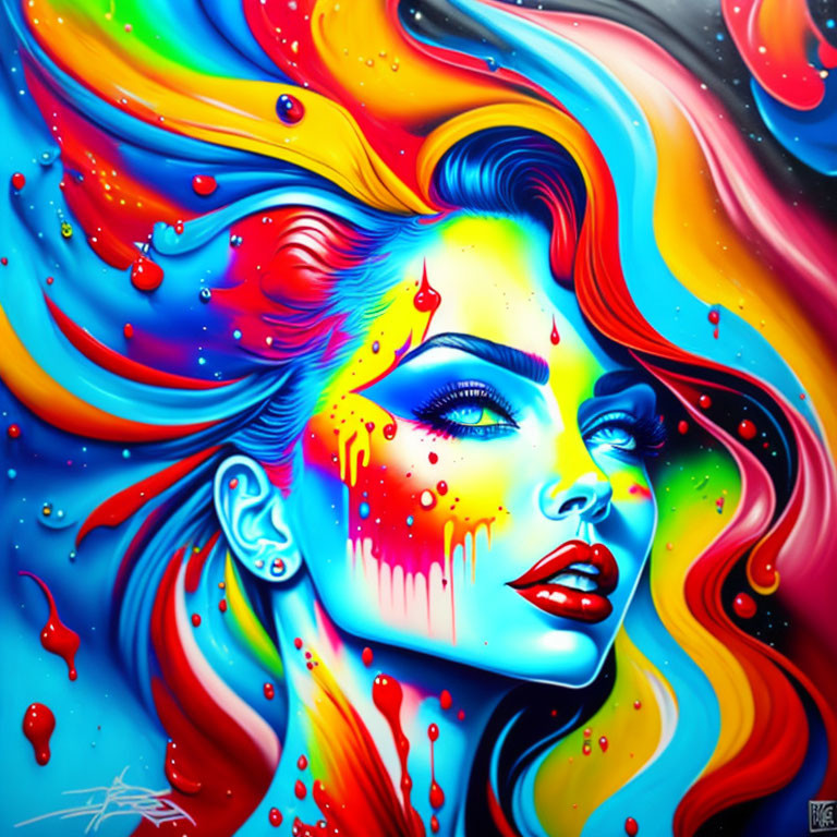 Vibrant portrait of a woman with flowing, colorful hair