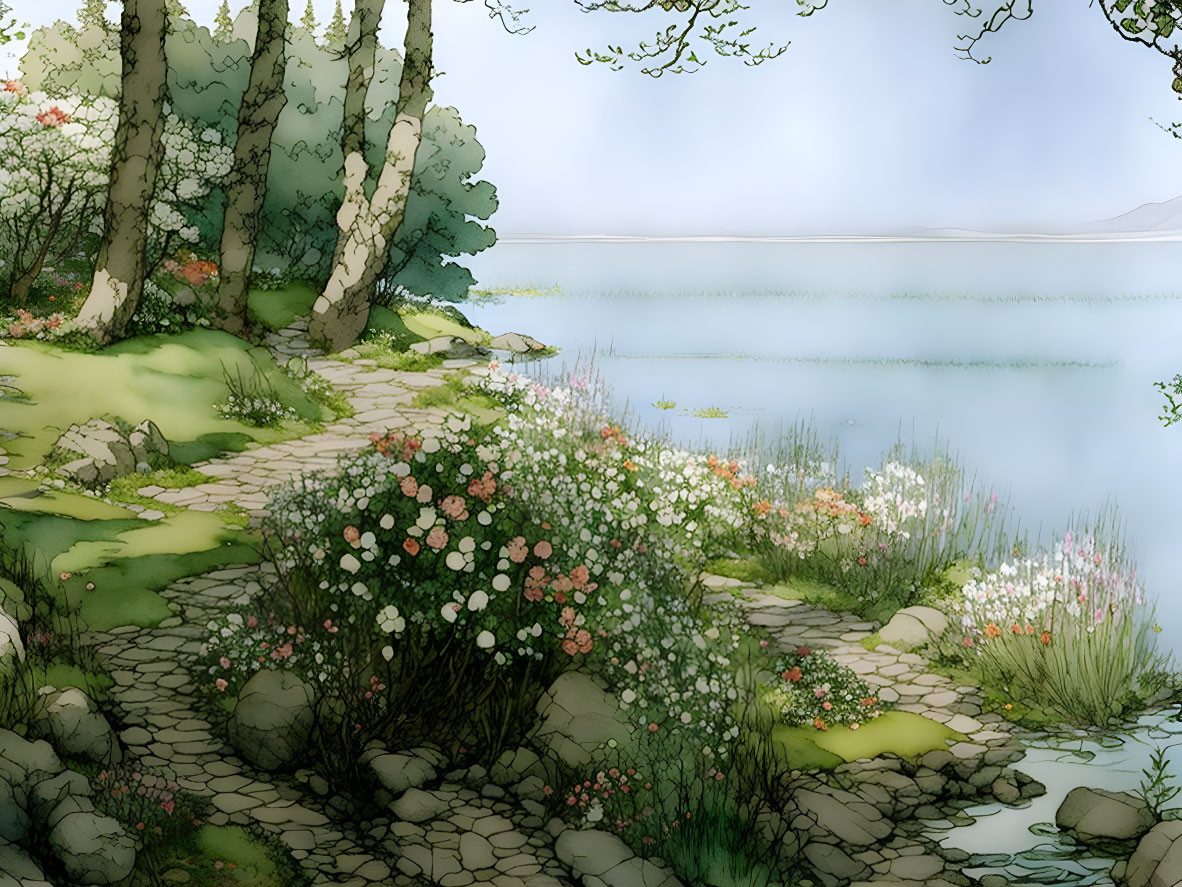 Tranquil lakeside scene with cobblestone path, lush greenery, flowers, trees