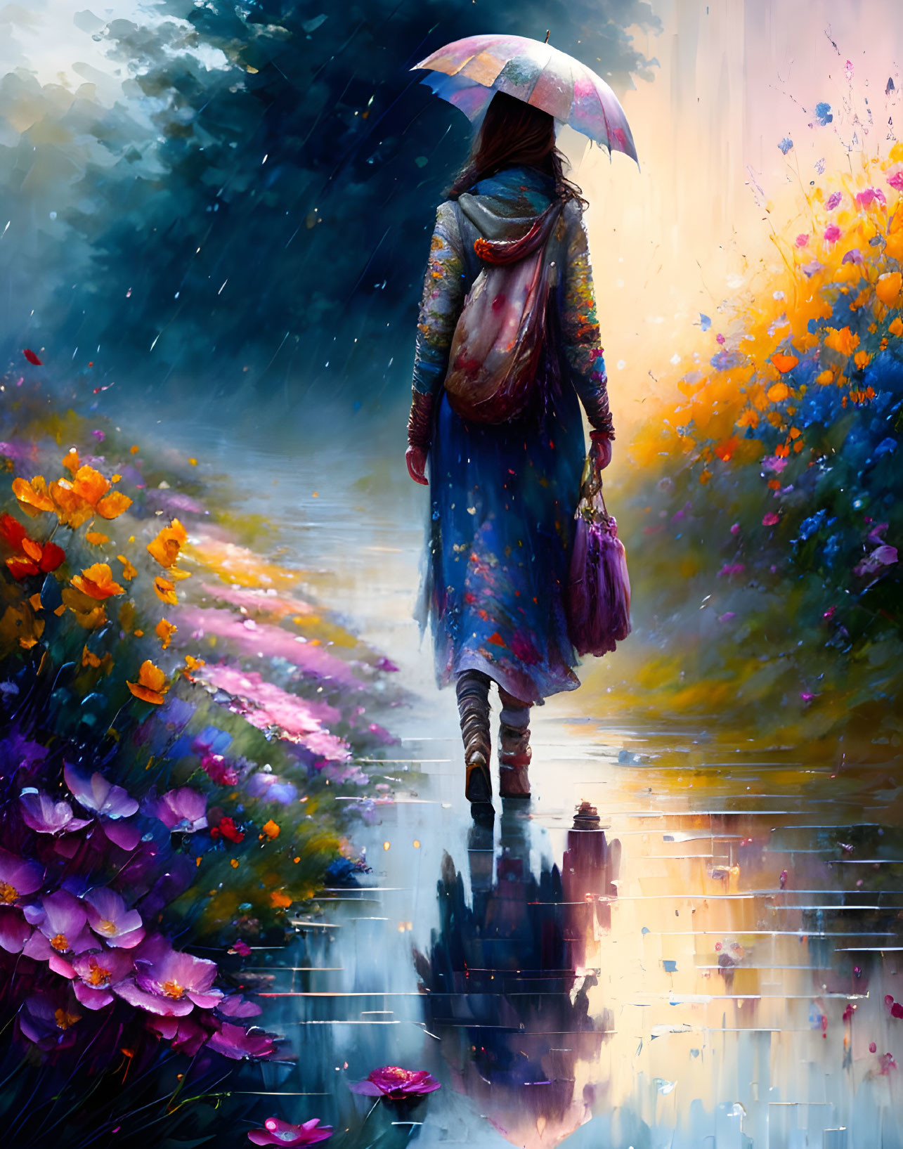 Woman with umbrella walking on wet path among vibrant flowers under luminous sky