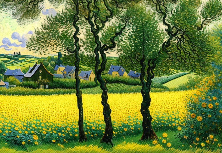 Colorful rural landscape with twisting trees and yellow flowers under a swirl-patterned sky