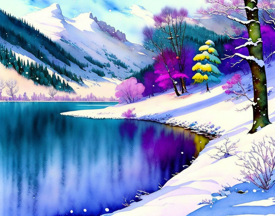 Colorful Snowy Landscape with Lake, Mountains, and Pink Trees