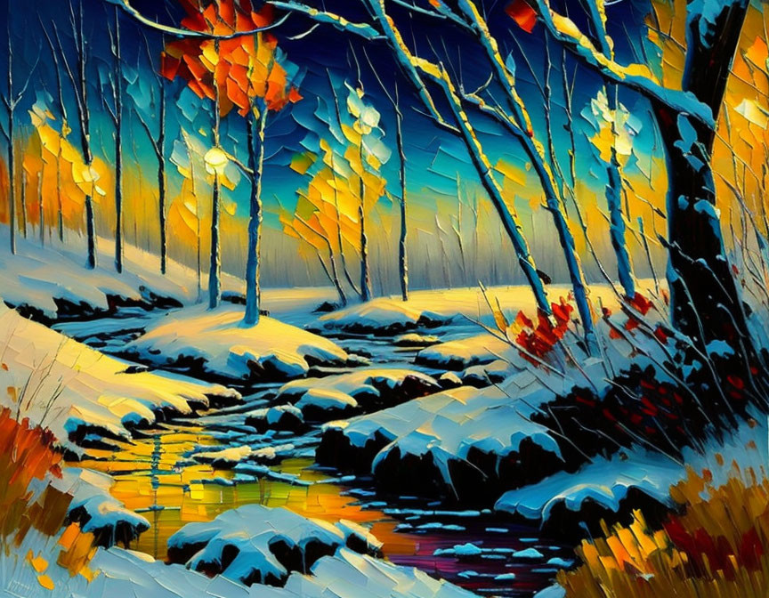 Colorful Winter Forest Scene with Snow, Stream, Autumn Trees