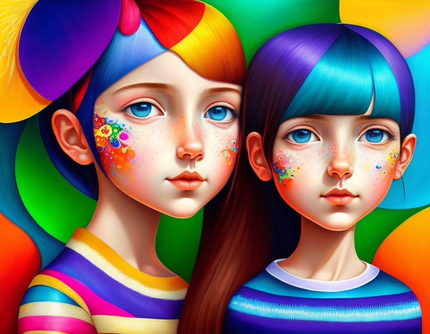 Illustrated Girls with Vibrant Hair and Painted Faces on Rainbow Background