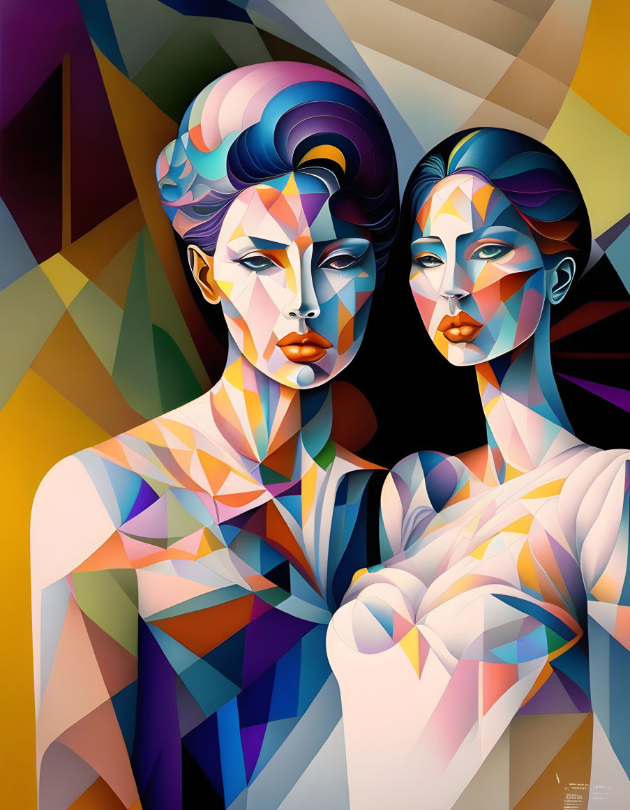 Colorful Cubist-Style Digital Painting of Two Women