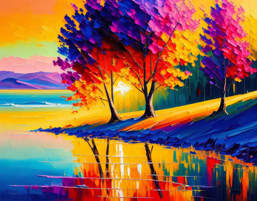 Colorful Palette Knife Landscape Painting at Sunrise or Sunset