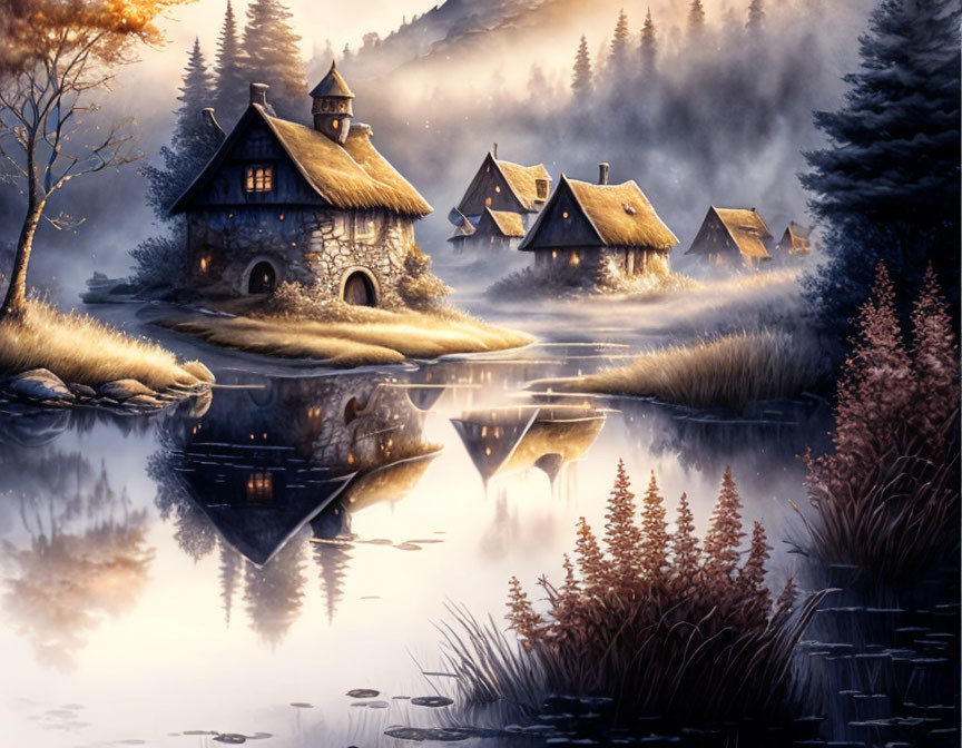 Tranquil dusk scene: quaint houses by still lake, warm lights reflected, trees, mist.