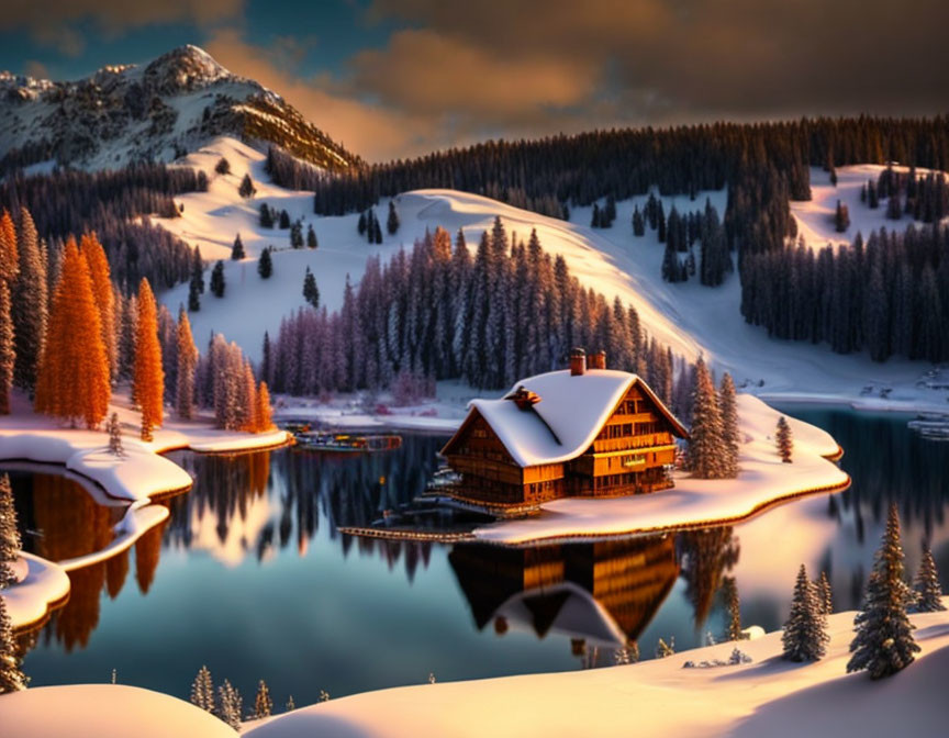 Cozy wooden chalet by snowy lake and mountains at sunset