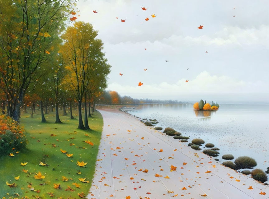 Tranquil autumn landscape with tree-lined boardwalk, lake, fallen leaves, and misty island