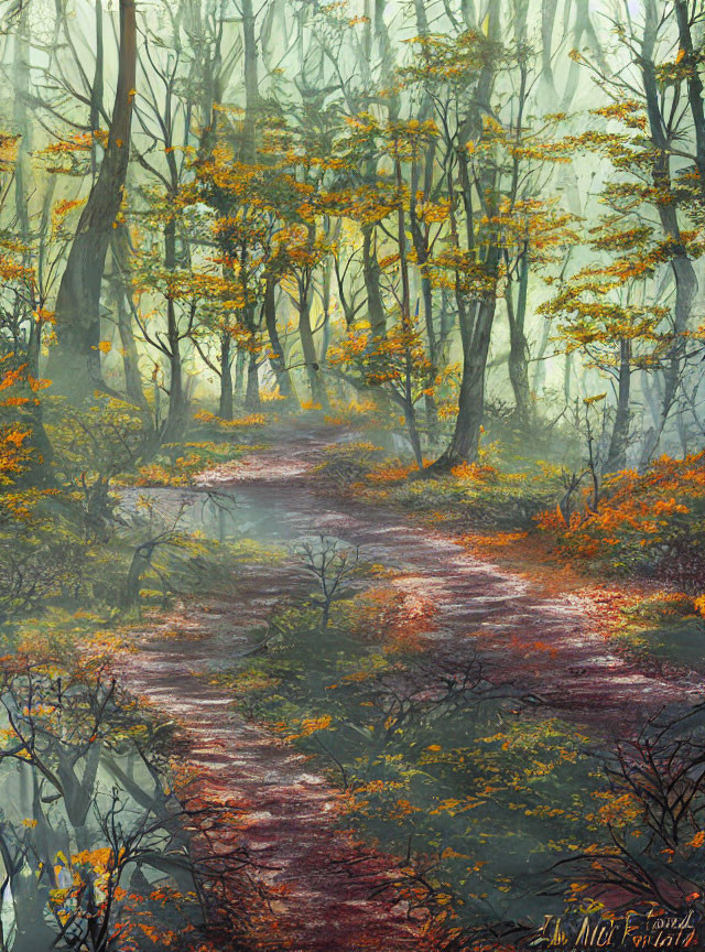 Tranquil Forest Path with Golden Autumn Trees