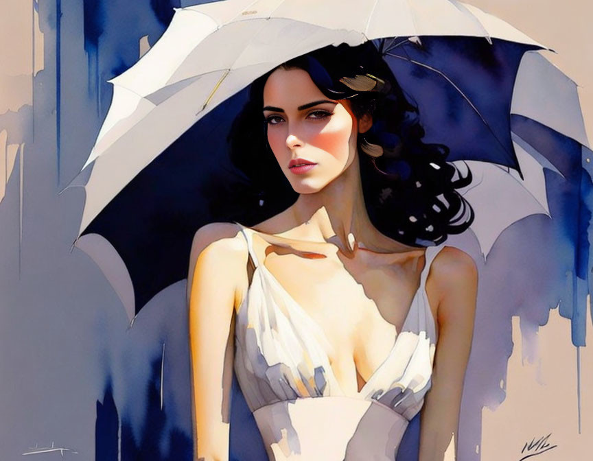 Dark-haired woman with white umbrella in modern art style