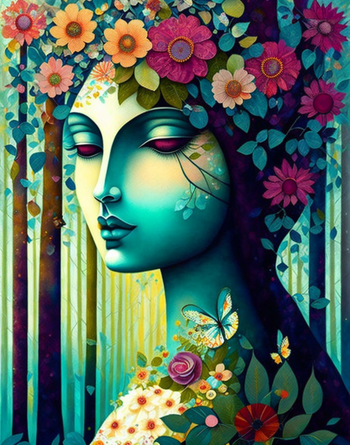 Colorful Woman's Face Illustration with Flora and Butterfly