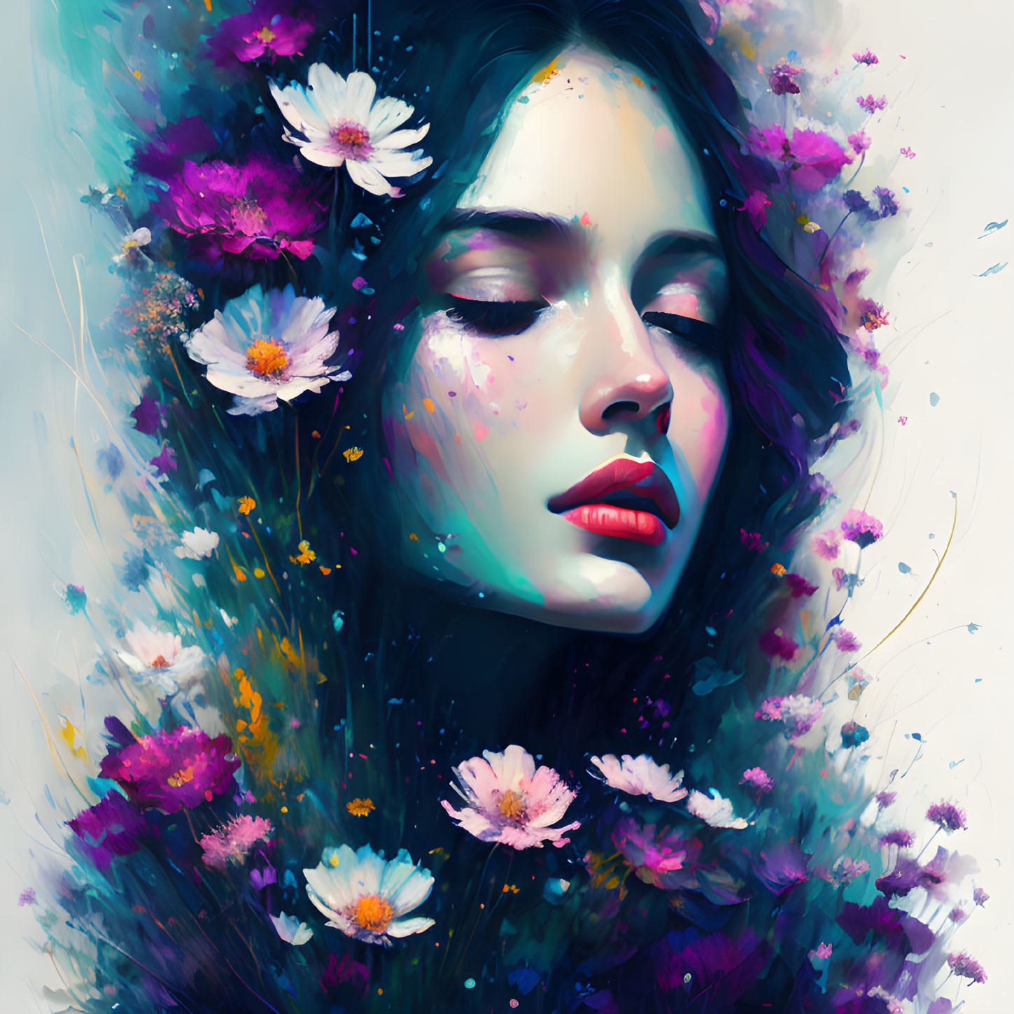 Vibrant digital painting of serene woman's face with colorful flowers