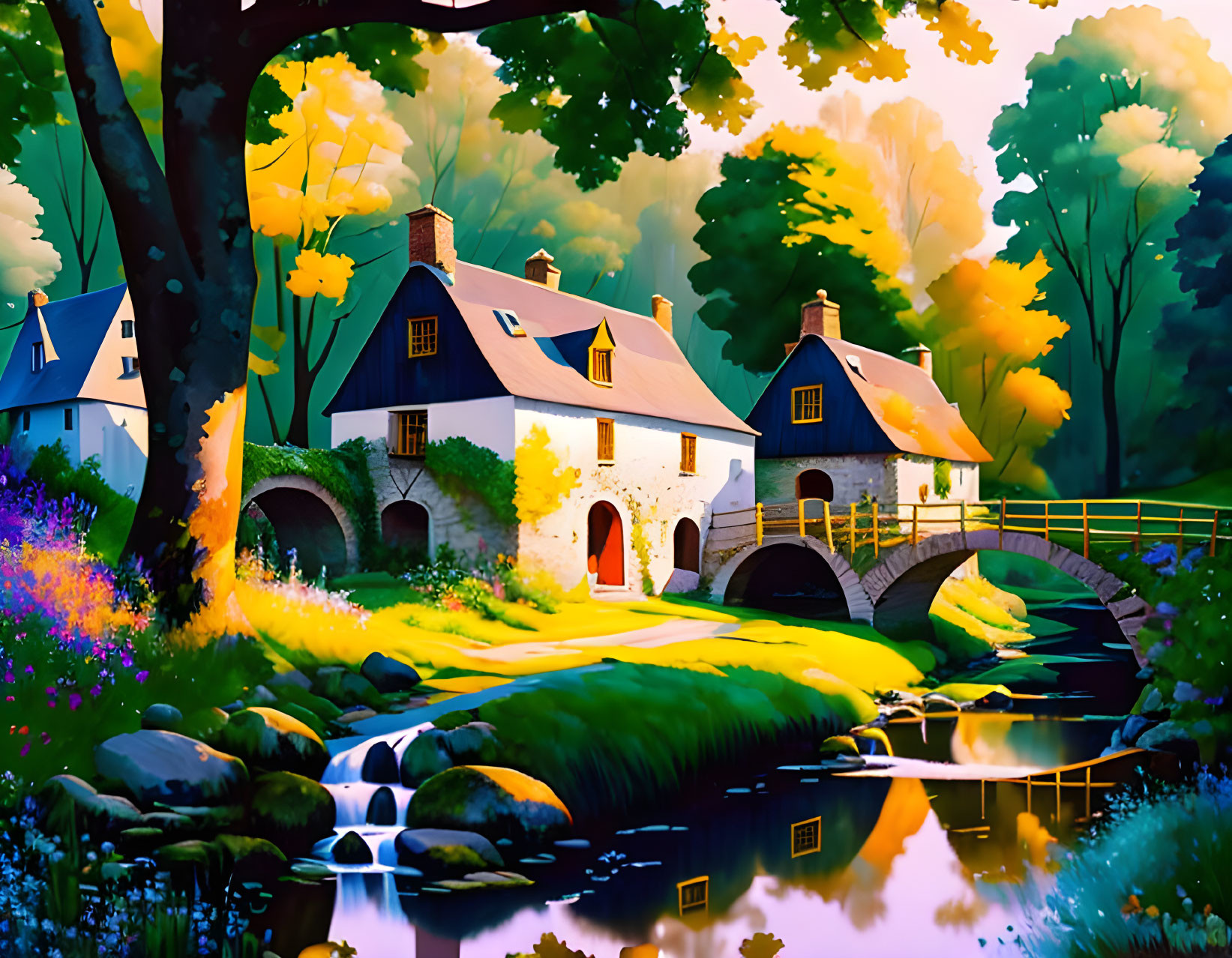 Tranquil river scene with cottages, bridge, autumn trees, and flowers