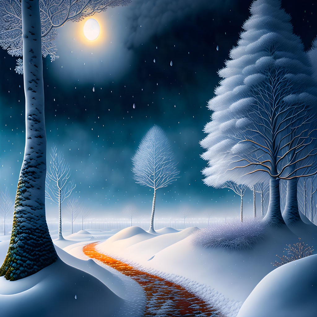 Snow-covered trees, frozen river, starry sky: Winter night scene.