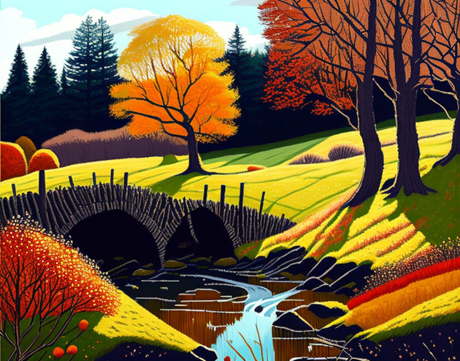 Vibrant autumn landscape with colorful trees and stone bridge