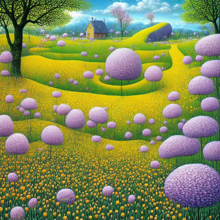 Colorful painting of whimsical landscape with purple trees, yellow flowers, and small cottage.