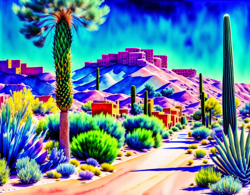 Colorful desert landscape with cacti, blue skies, and purple mountains