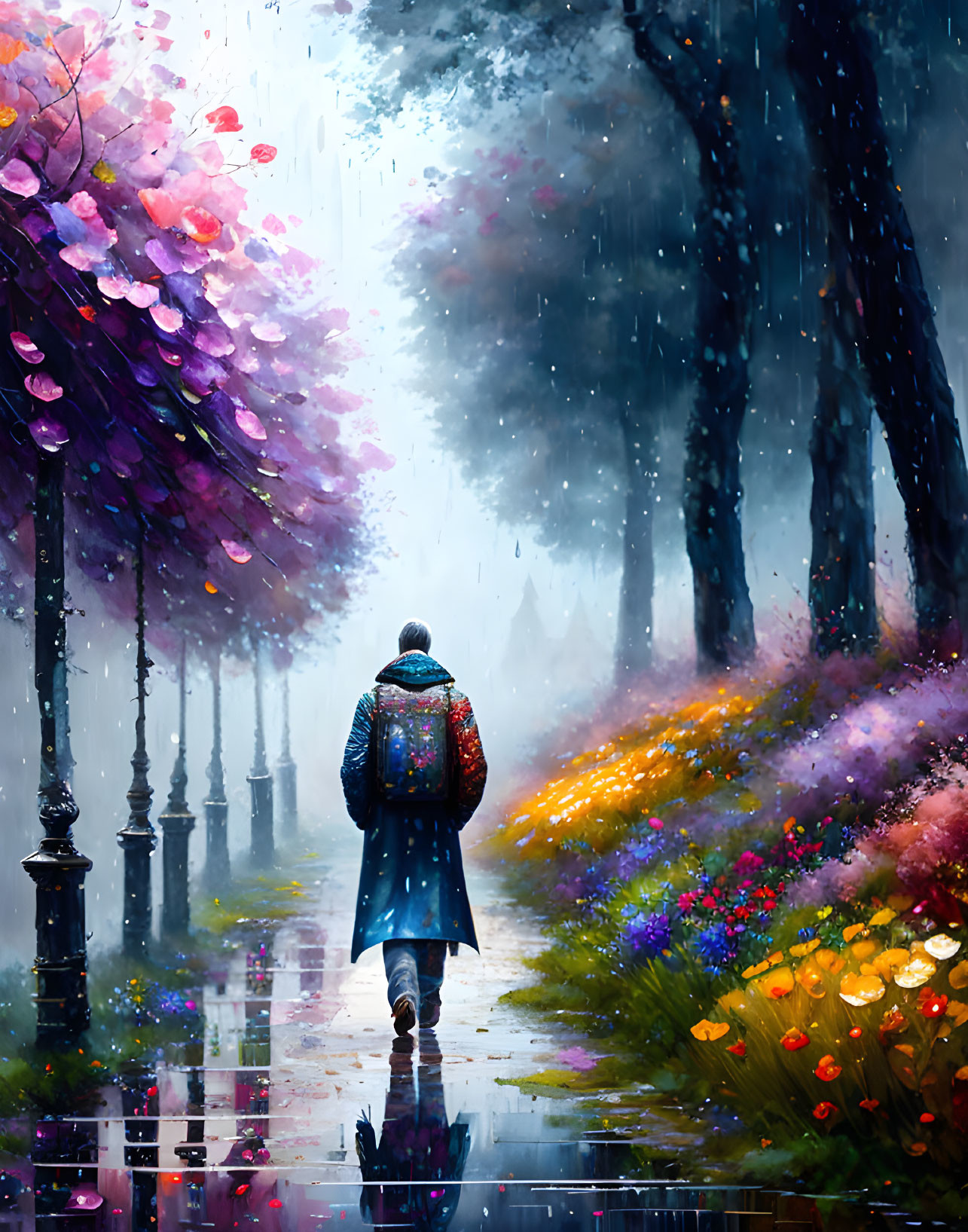 Person with backpack walks down rainy path with flowering trees and lamp posts.