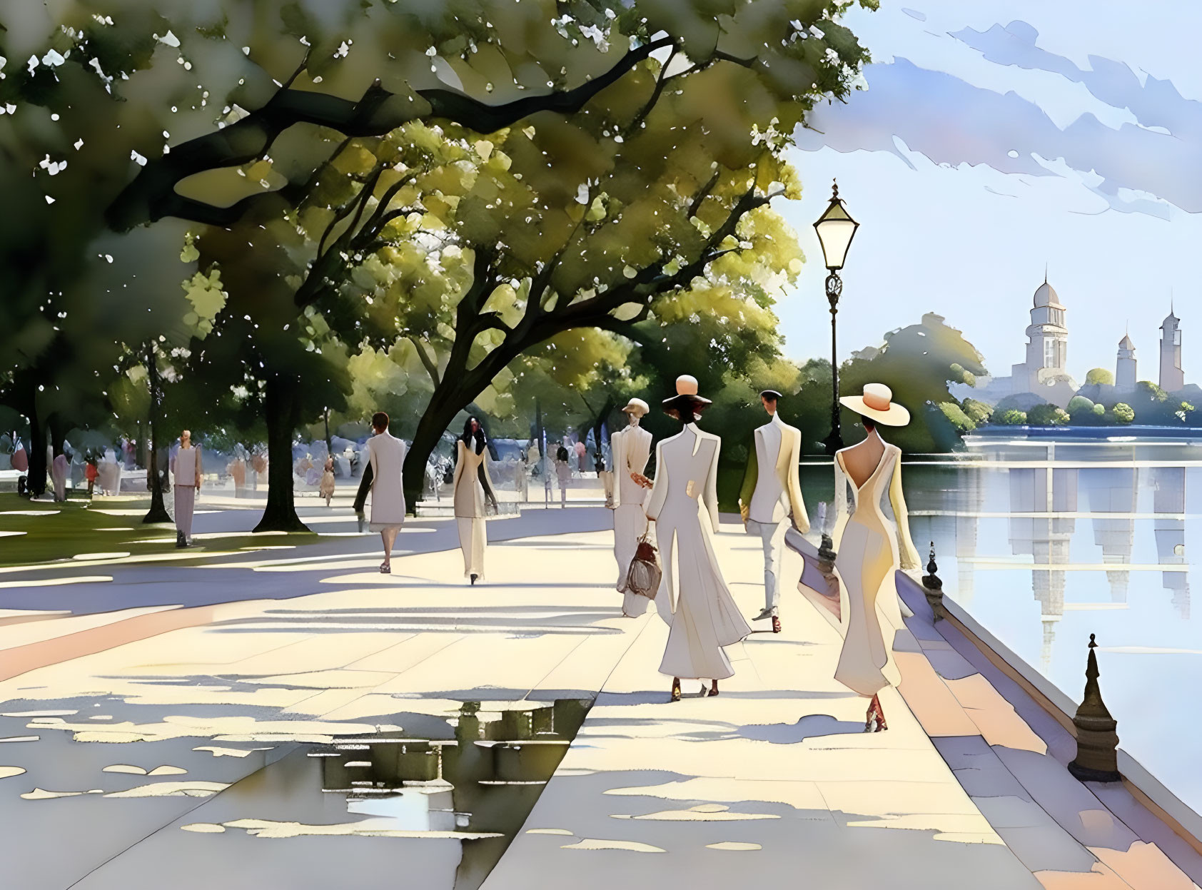 Sunlit waterfront promenade with elegant people and classic lampposts