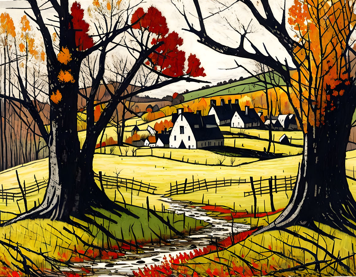 Vivid Autumn Landscape Painting with Stream and White Houses