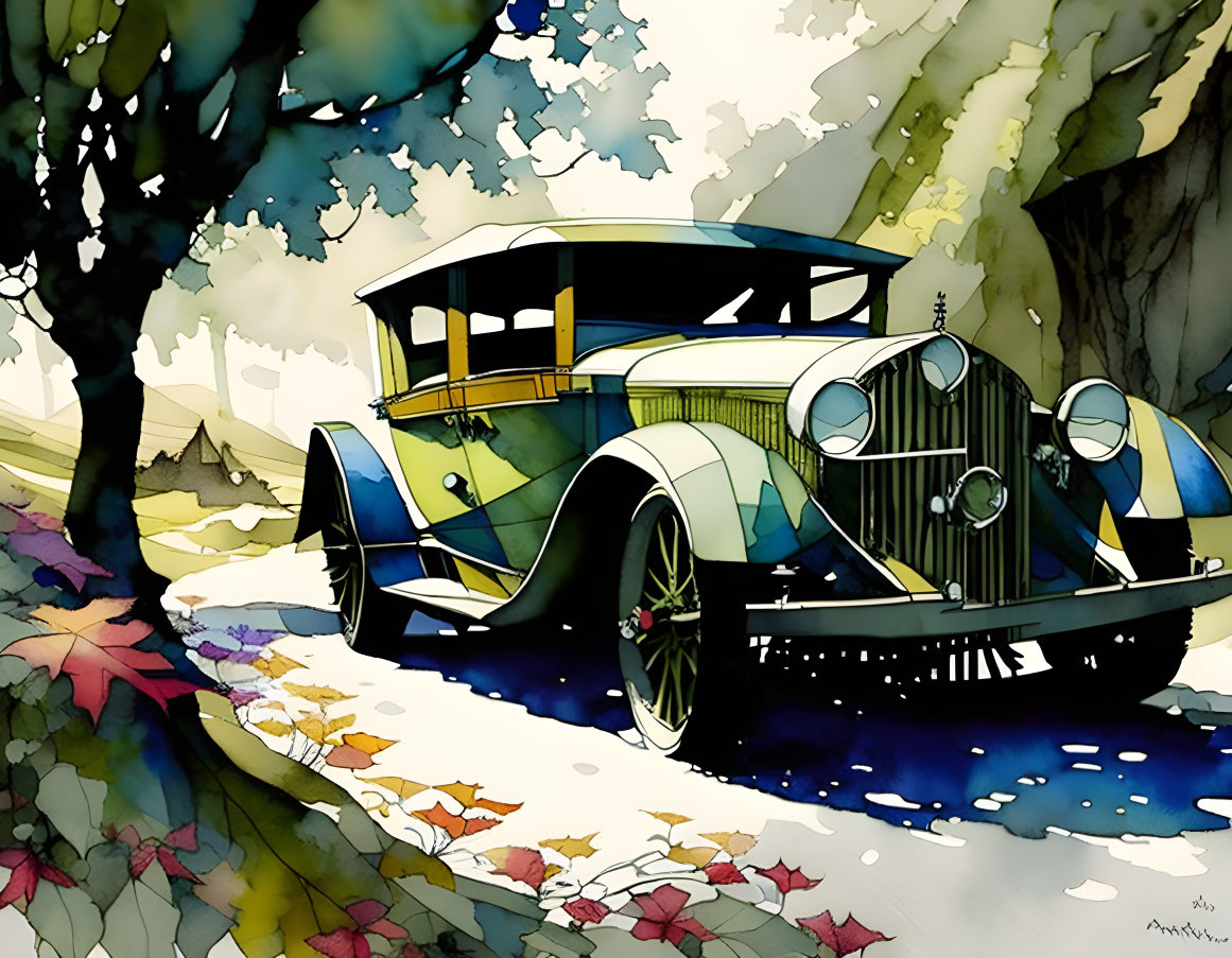 Vibrant classic car illustration in blue and yellow amid autumn scenery