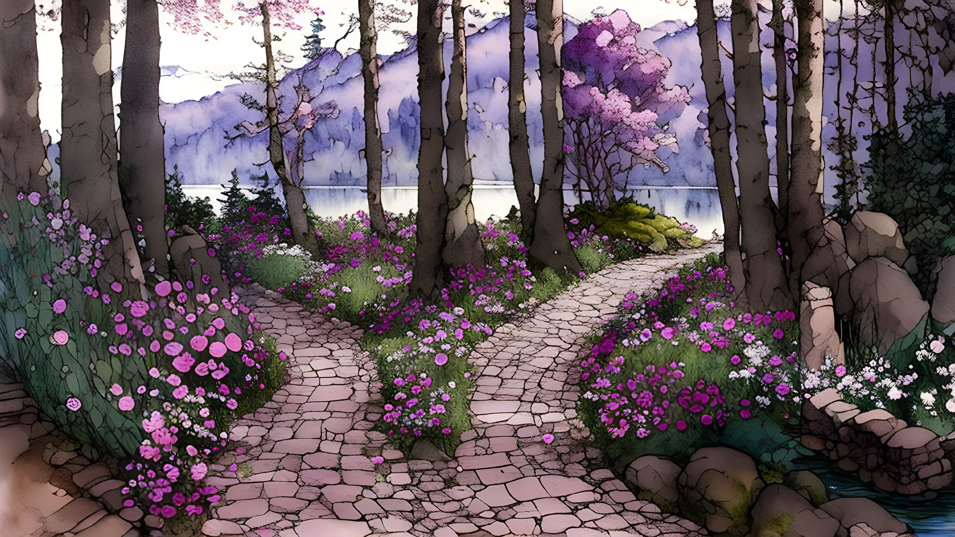 Tranquil Watercolor Forest Path with Lake and Mountains