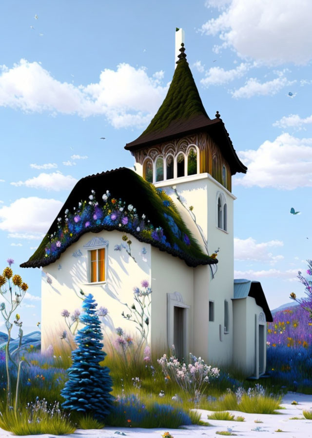 Illustration of fairytale cottage with spire amid vibrant flowers