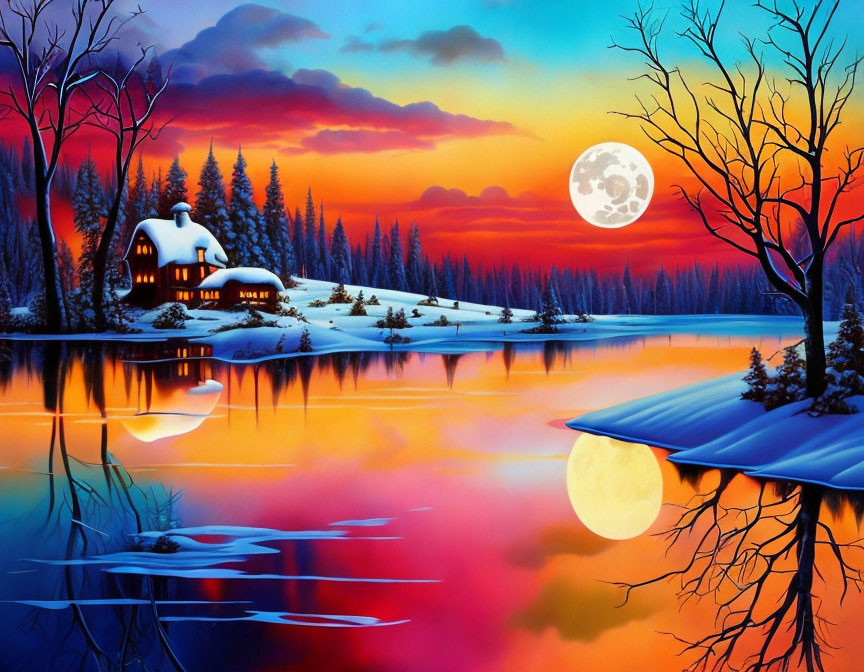 Colorful Dusk Winter Landscape with Frozen Lake and Cozy House