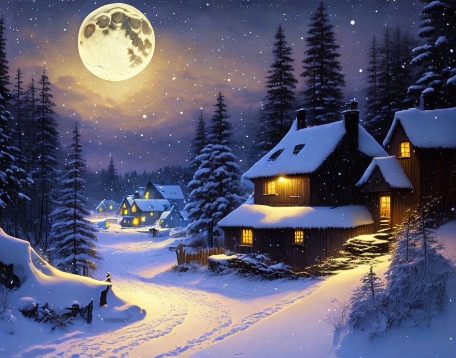 Snowy village night scene with lit houses, tall trees, and detailed moon