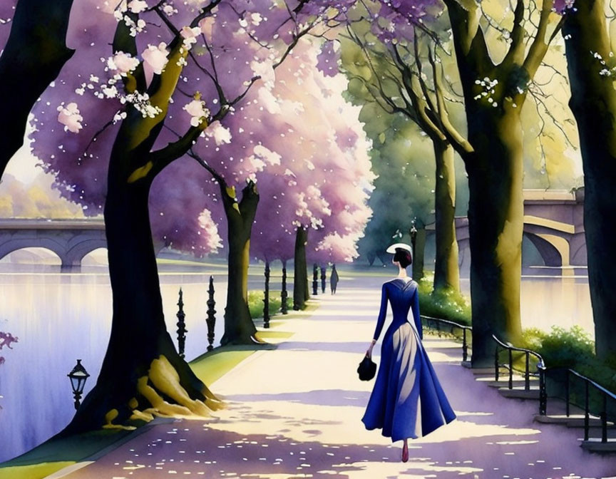 Woman in blue dress and hat walking on scenic path with blooming purple trees and river.