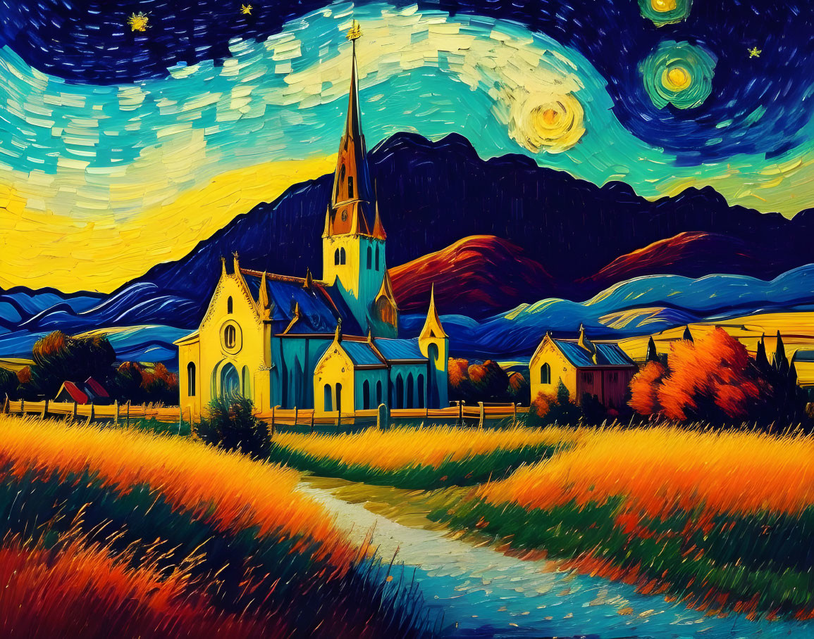 Starry Night Sky Painting with Church and Mountains