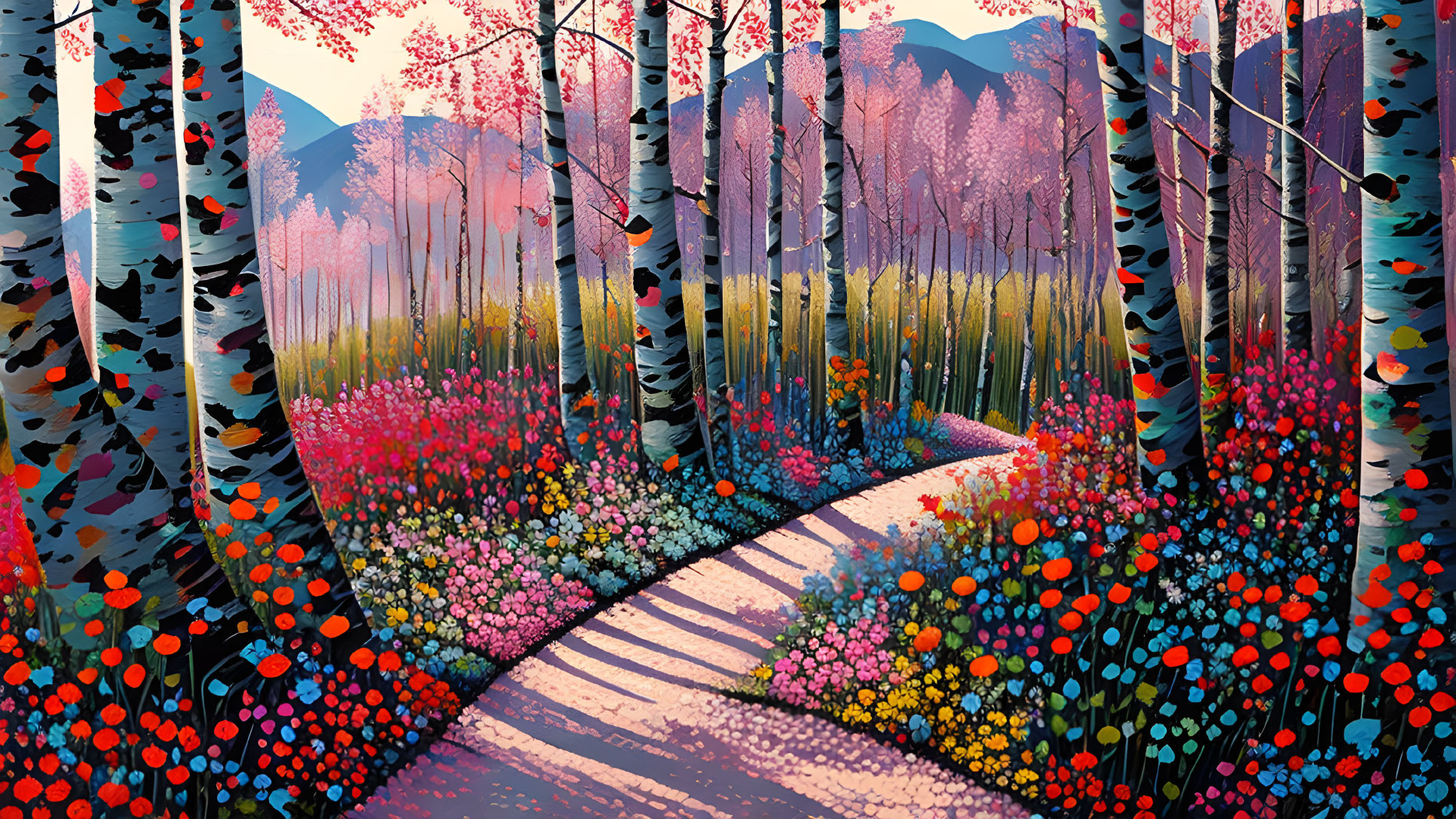 Colorful Birch Tree Forest with Flower-lined Path and Purple Mountains at Sunset