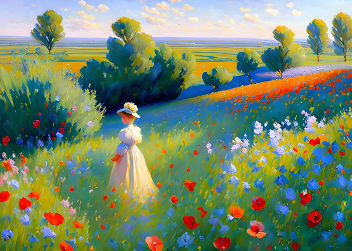 Woman in vintage dress and hat surrounded by wildflowers and scenic landscape