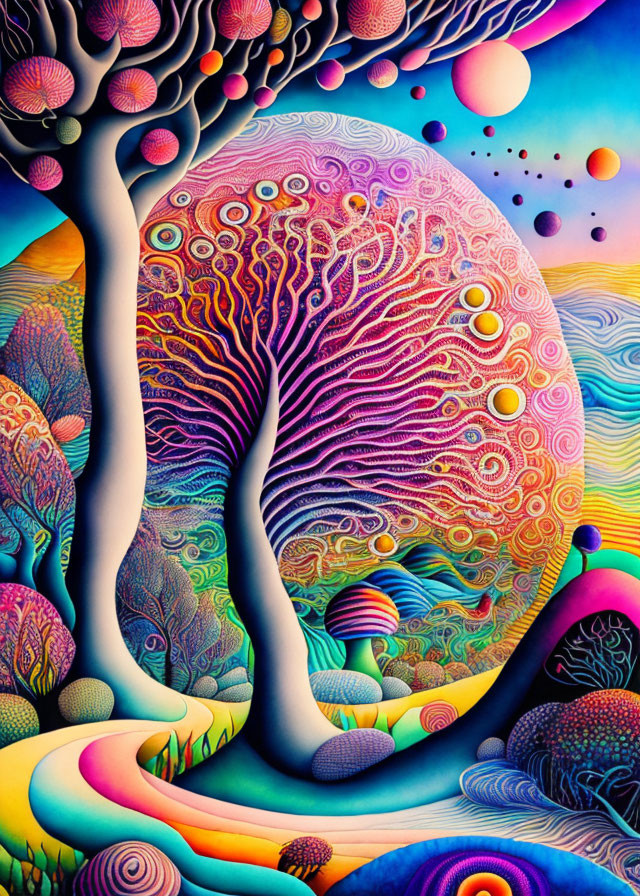 Colorful psychedelic artwork: Whimsical tree with patterned foliage on swirling backdrop