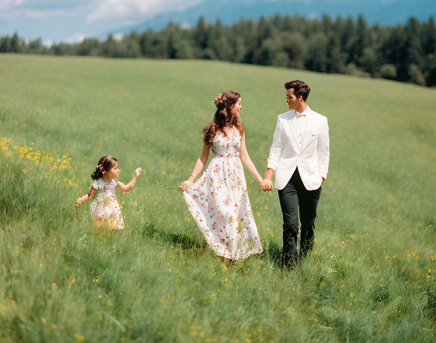 Family in white suit, floral dress, and flower crown walking in sunny meadow