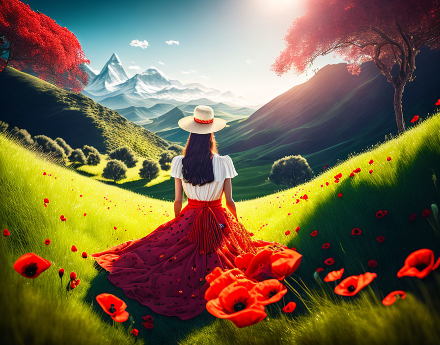 Woman in red dress and white hat in poppy field with snow-capped mountains in the background